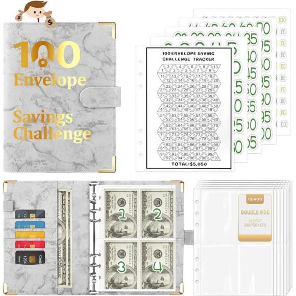 100 Envelopes Money Saving Challenge Tracker to Save $5,050, Marble Grey